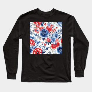 Red White and Blue Patriotic Shabby Floral Long Sleeve T-Shirt